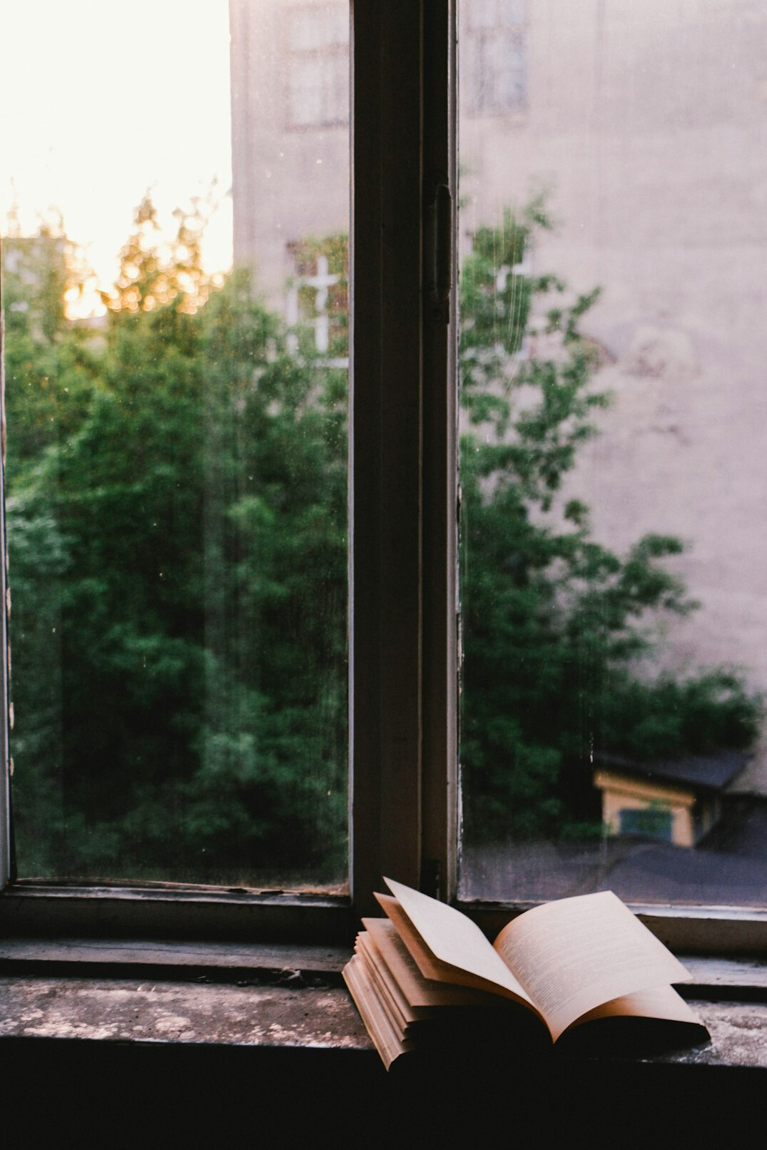 Libro abierto con gafas de lectura junto a una ventana